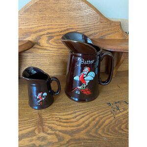 Vintage Redware Red Rooster Pancake Set Batter and Butter Pitchers 1950s